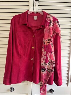Chico's Fuchsia Faux Suede Button-Front Jacket Silver Buttons Matching Scarf